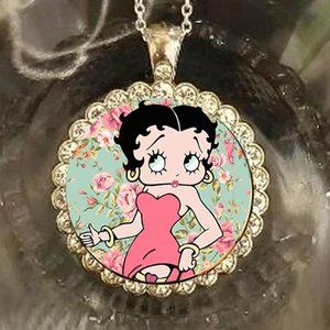 Betty Boop pink flower  cartoon beautiful 925 Silver Necklace with Rhinestones